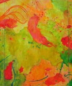 Celebration (Bottom) セレブレィション(下); 2008; Coloured pencil, watercolour, and gesso on 3 wooden panels 色鉛筆や水彩; 114 x 218 cm Celebration, セレブレィション, Photo and artwork by Michelle Zacharias, ザカライアス・ミッシェル, copyright Michelle Zacharias, do not reproduce without permission of Michelle Zacharias, artist in Asia, abstract, Canadian artist, art in Japan, drawing, coloured pencil, colored penci
