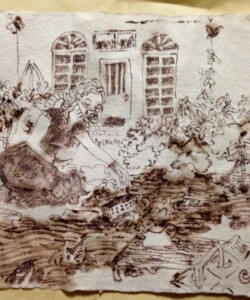 Shared Dire Straits 共有海峡問題; 2013; Ink on recycled paper インクや紙 Photo and artwork by Michelle Zacharias, ザカライアス・ミッシェル, copyright Michelle Zacharias, do not reproduce without permission of Michelle Zacharias, artist in Asia, abstract, Canadian artist, art in Japan, Shared Dire Straits, 共有海峡問題, ink drawing, recycled milk cartons, pollution
