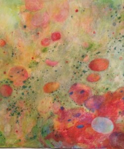 Spring Diaspora 春離散; 2014; Coloured pencil, watercolour, and gesso on wooden panel 色鉛筆や水彩; 57 x 57 cm (H x W); Private collection Spring Diaspora ,春離散, Photo and artwork by Michelle Zacharias, ザカライアス・ミッシェル, copyright Michelle Zacharias, do not reproduce without permission of Michelle Zacharias, artist in Asia, abstract, Canadian artist, art in Japan, drawing, coloured pencil, colored pencil
