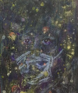 Black Self-Portrait 黒い自画像; 2015; Coloured pencil, watercolour, and gesso on wooden panel 色鉛筆や水彩; 33.5 x 24.2 cm (H x W) Photo and artwork by Michelle Zacharias, ザカライアス・ミッシェル, copyright Michelle Zacharias, do not reproduce without permission of Michelle Zacharias, artist in Asia, abstract, Canadian artist, art in Japan, drawing, coloured pencil, colored pencil , Black Self-Portrait, 黒い自画像, portrait with mask,