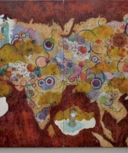 Imari Winds 伊万里の風; 2016; Coloured pencil, watercolour, and gesso on wooden panel 色鉛筆や水彩; 100 x 160 cm (H x W) Imari Winds, 伊万里の風, Photo and artwork by Michelle Zacharias, ザカライアス・ミッシェル, copyright Michelle Zacharias, do not reproduce without permission of Michelle Zacharias, artist in Asia, abstract, Canadian artist, art in Japan, drawing, coloured pencil, colored pencil